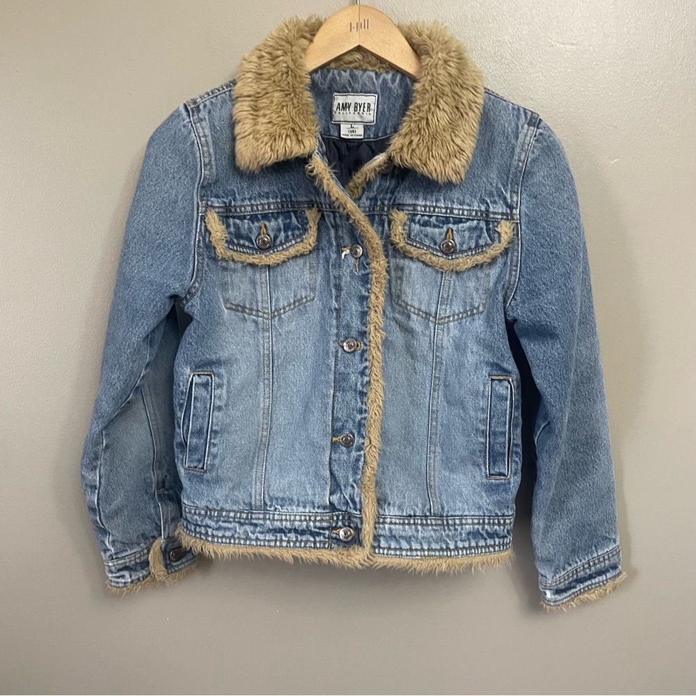 Amy Byer Denim Jacket Fur Trim Girls Size L 14 Blue Jean